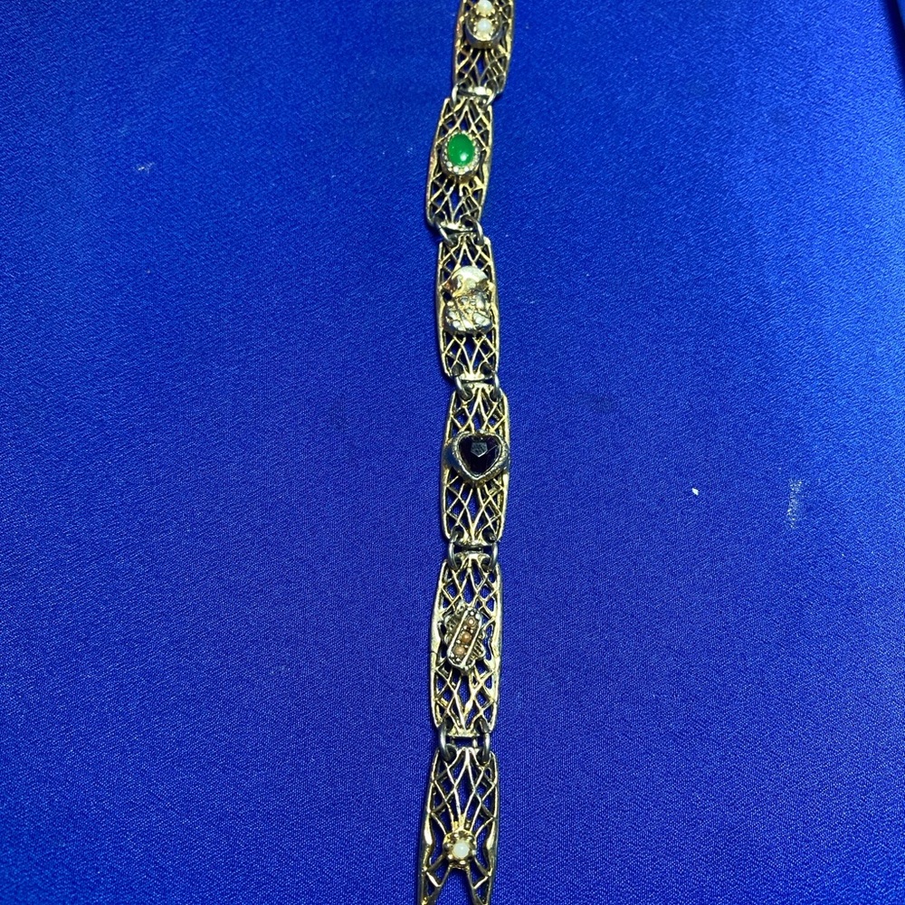 VINTAGE Goldette Filigree Link Bracelet Multi Stone Victorian Revival Signed 7”